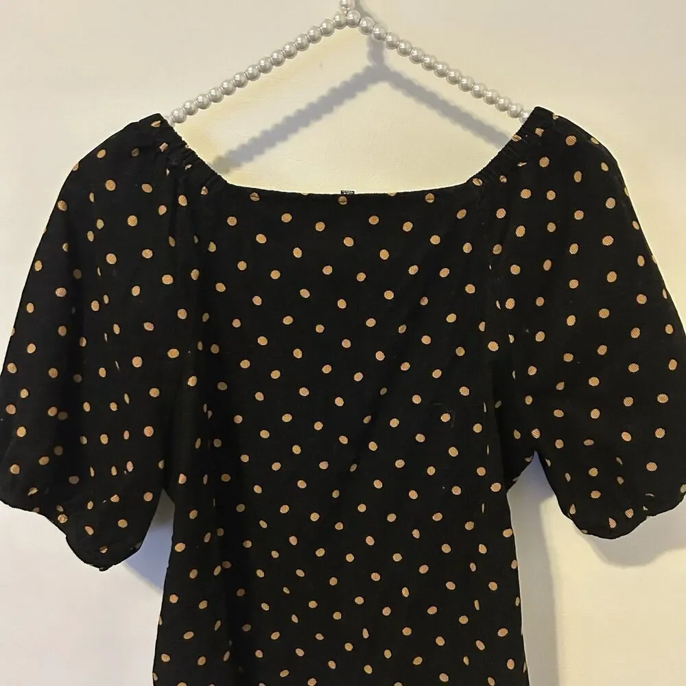 Madewell Top Womens Size XXS Corduroy Puff Sleeve Black Tan Polka Dot Romantic
